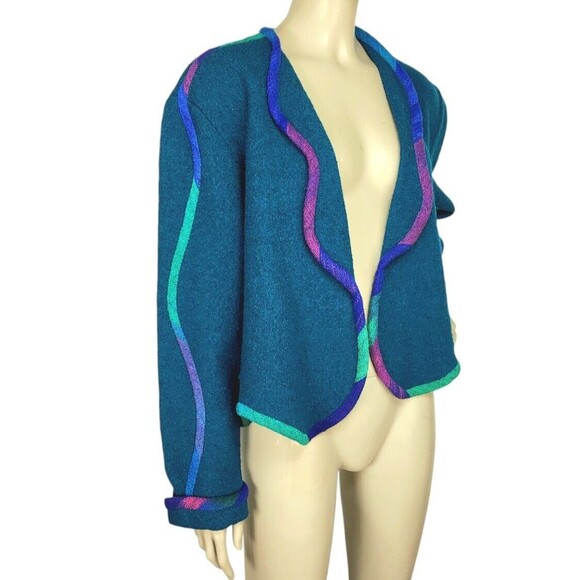 Vintage Candiss Cole 100% Silk Teal Boucle Open Front Cardigan Sweater Medium - Picture 1 of 10